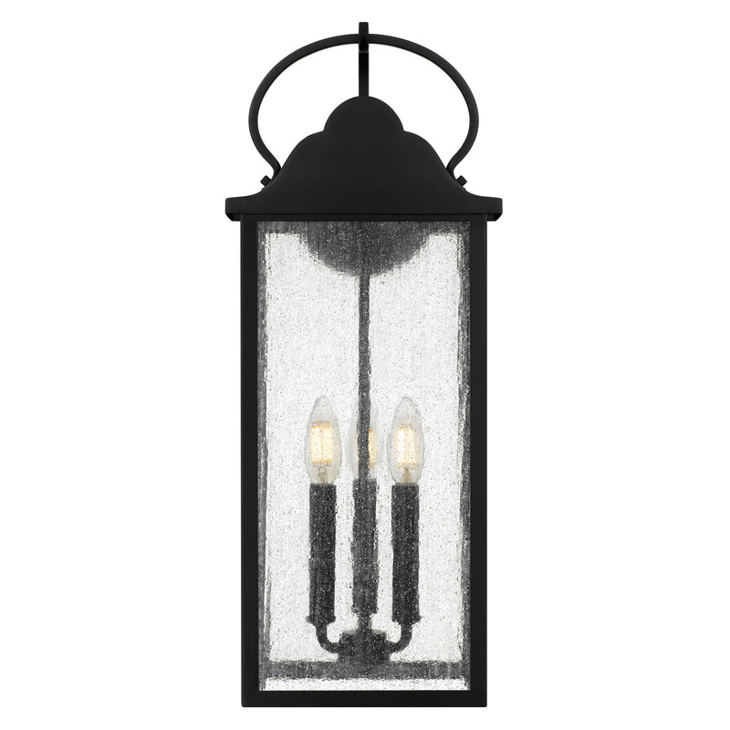 Quoizel Damian 22in 3-Light Outdoor Wall Lantern | Traditional Matte Black and Clear Seedy Glass | Front Door & Porch | Model DAM8408MBK