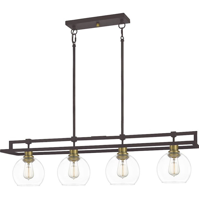 Quoizel Dobbs Linear 4 Light Chandelier, Old Bronze/Clear Glass