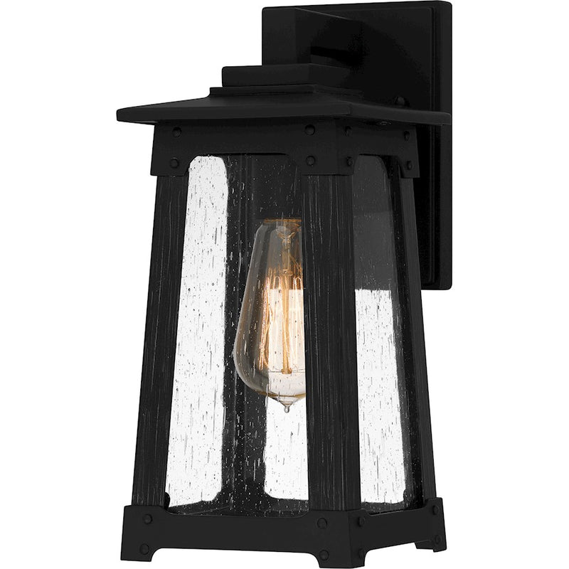 Quoizel Drescher 12.5in 1-Light Outdoor Wall Lantern | Modern Farmhouse Matte Black and Clear Seedy Glass | Front Door & Porch | Model DCH8405MBK