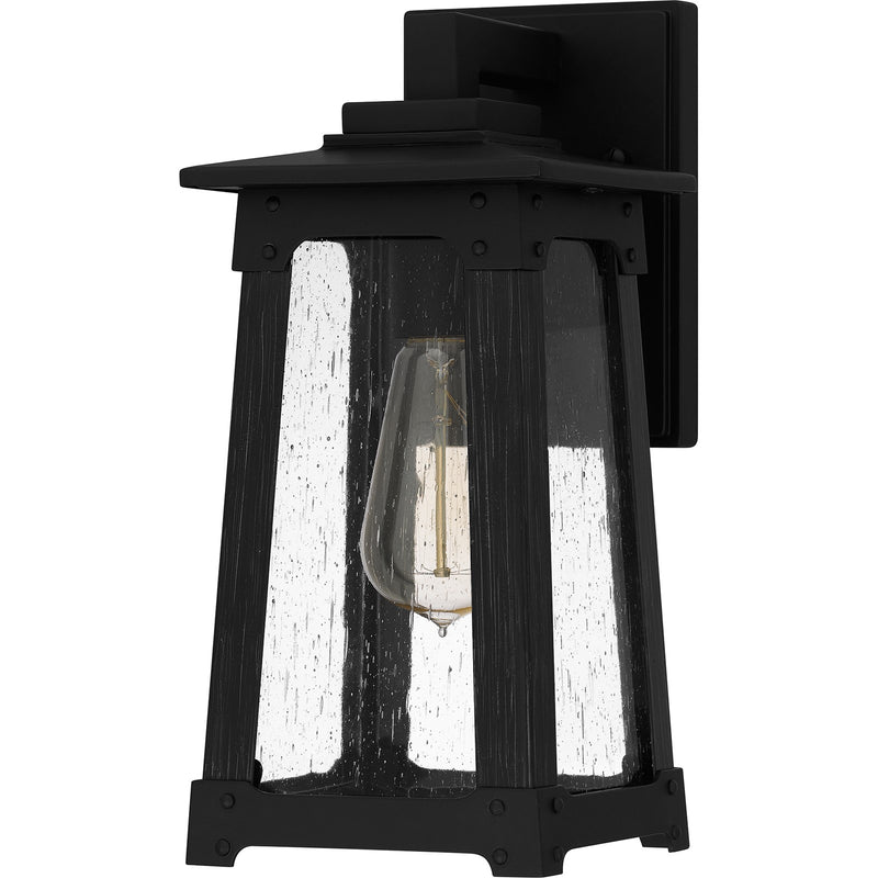 Quoizel Drescher 12.5in 1-Light Outdoor Wall Lantern | Modern Farmhouse Matte Black and Clear Seedy Glass | Front Door & Porch | Model DCH8405MBK