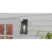 Quoizel Drescher 12.5in 1-Light Outdoor Wall Lantern | Modern Farmhouse Matte Black and Clear Seedy Glass | Front Door & Porch | Model DCH8405MBK