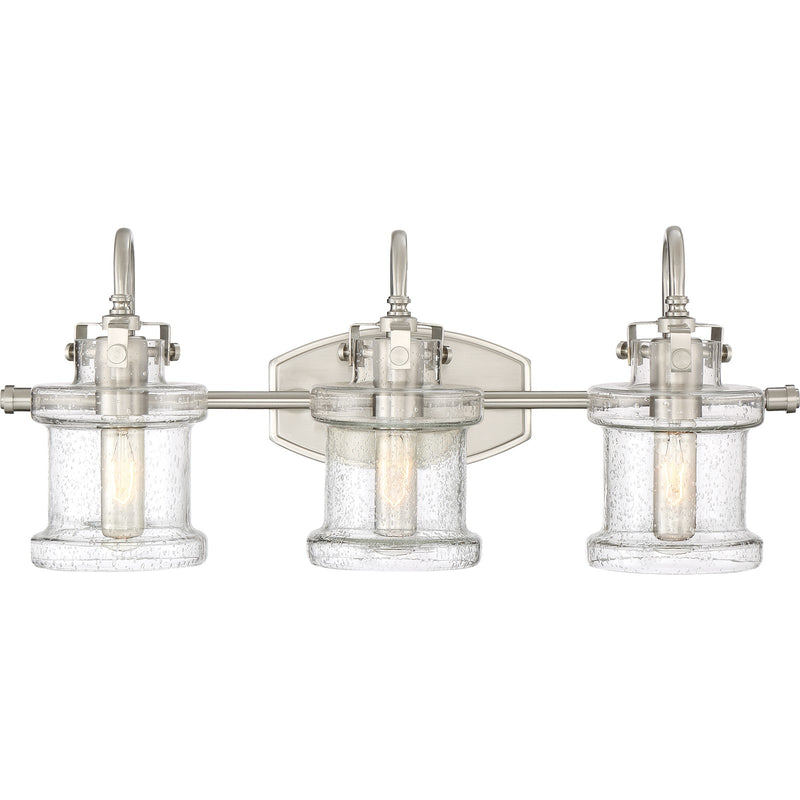 Quoizel Danbury 24in 3-Light Vanity Light | Traditional Brushed Nickel and Clear Seedy Glass | Bathroom Vanity & Powder Room | Model DNY8603BN