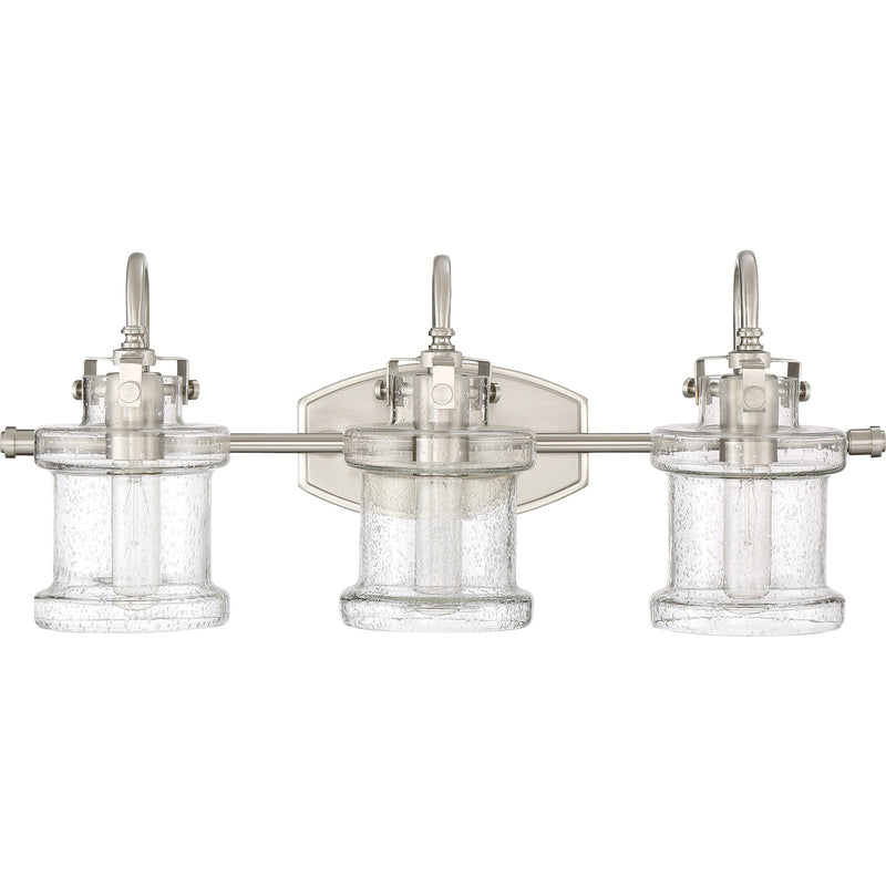 Quoizel Danbury 24in 3-Light Vanity Light | Traditional Brushed Nickel and Clear Seedy Glass | Bathroom Vanity & Powder Room | Model DNY8603BN