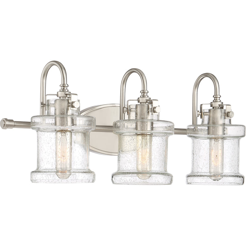 Quoizel Danbury 24in 3-Light Vanity Light | Traditional Brushed Nickel and Clear Seedy Glass | Bathroom Vanity & Powder Room | Model DNY8603BN