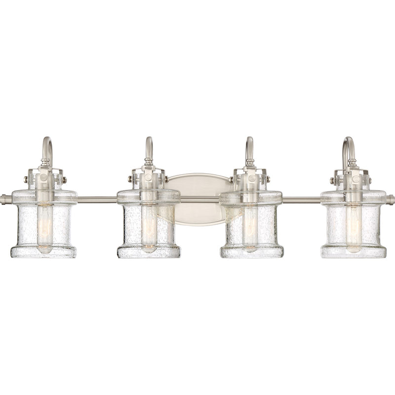 Quoizel Danbury 32in 4-Light Vanity Light | Traditional Brushed Nickel and Clear Seedy Glass | Bathroom Vanity | 32 x 7.25 x 9.75 in | Model DNY8604BN