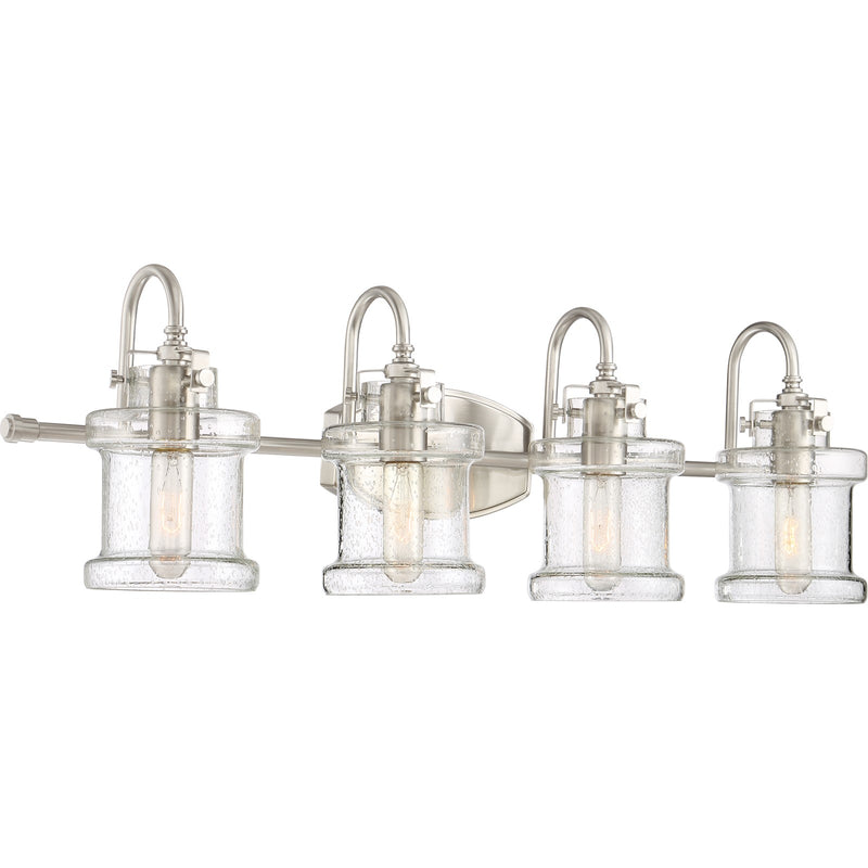 Quoizel Danbury 32in 4-Light Vanity Light | Traditional Brushed Nickel and Clear Seedy Glass | Bathroom Vanity | 32 x 7.25 x 9.75 in | Model DNY8604BN