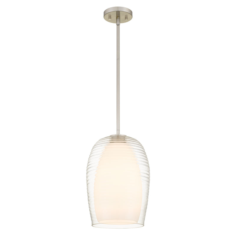 Quoizel Evelynn 10in 1-Light Mini Pendant | Transitional Brushed Nickel and Clear Ribbed Glass | Kitchen Island & Bar | Model EVN1510BN