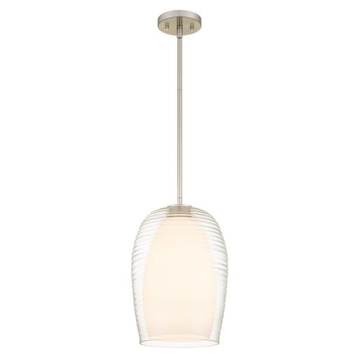 Quoizel Evelynn 10in 1-Light Mini Pendant | Transitional Brushed Nickel and Clear Ribbed Glass | Kitchen Island & Bar | Model EVN1510BN