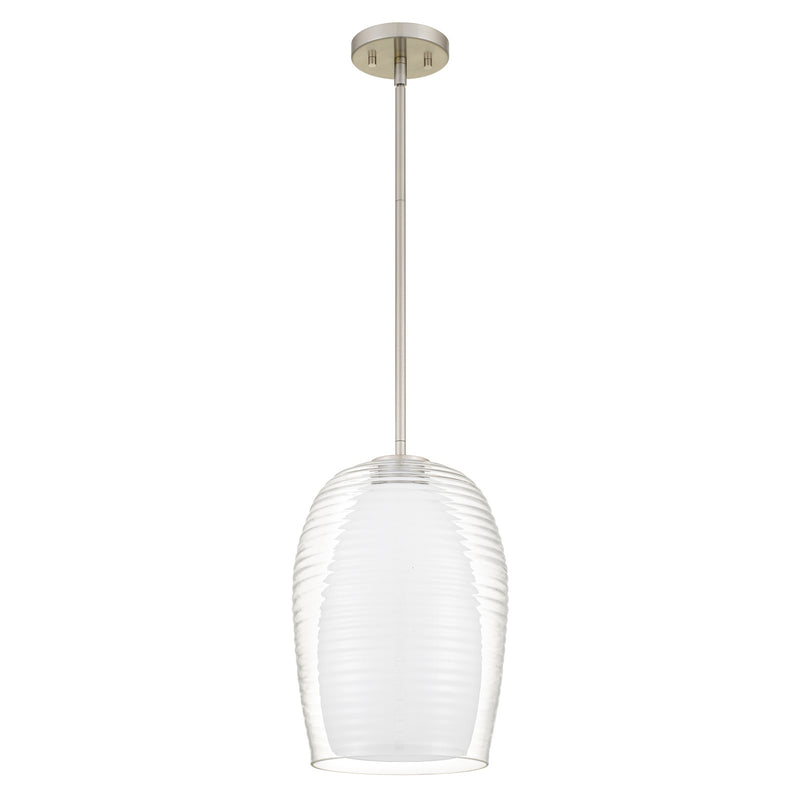 Quoizel Evelynn 10in 1-Light Mini Pendant | Transitional Brushed Nickel and Clear Ribbed Glass | Kitchen Island & Bar | Model EVN1510BN
