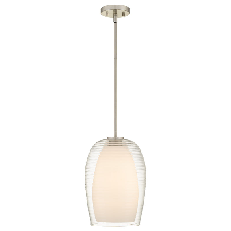 Quoizel Evelynn 10in 1-Light Mini Pendant | Transitional Brushed Nickel and Clear Ribbed Glass | Kitchen Island & Bar | Model EVN1510BN