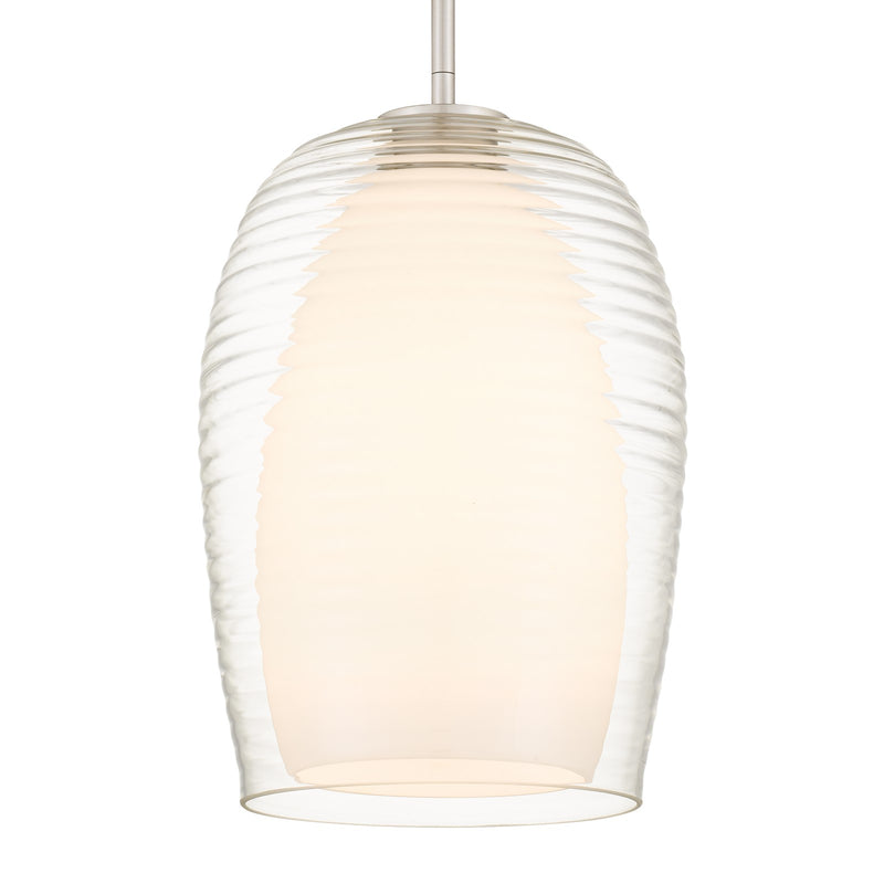 Quoizel Evelynn 10in 1-Light Mini Pendant | Transitional Brushed Nickel and Clear Ribbed Glass | Kitchen Island & Bar | Model EVN1510BN