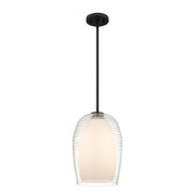 Quoizel Evelynn 10in 1-Light Mini Pendant | Transitional Matte Black and Clear Ribbed Glass | Kitchen Island & Bar | Model EVN1510MBK