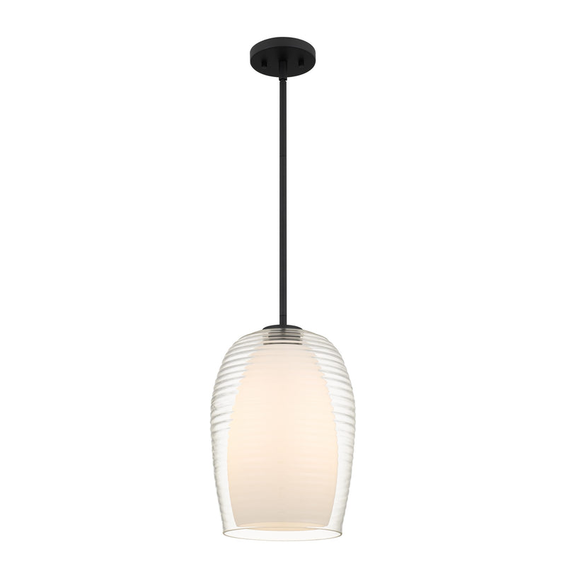 Quoizel Evelynn 10in 1-Light Mini Pendant | Transitional Matte Black and Clear Ribbed Glass | Kitchen Island & Bar | Model EVN1510MBK