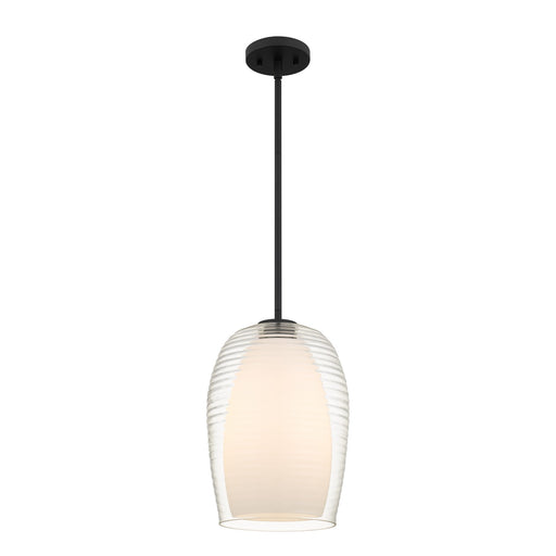 Quoizel Evelynn 10in 1-Light Mini Pendant | Transitional Matte Black and Clear Ribbed Glass | Kitchen Island & Bar | Model EVN1510MBK