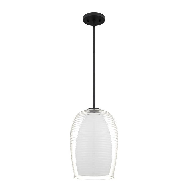 Quoizel Evelynn 10in 1-Light Mini Pendant | Transitional Matte Black and Clear Ribbed Glass | Kitchen Island & Bar | Model EVN1510MBK