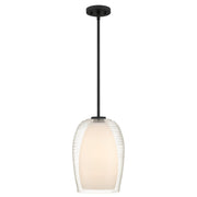 Quoizel Evelynn 10in 1-Light Mini Pendant | Transitional Matte Black and Clear Ribbed Glass | Kitchen Island & Bar | Model EVN1510MBK
