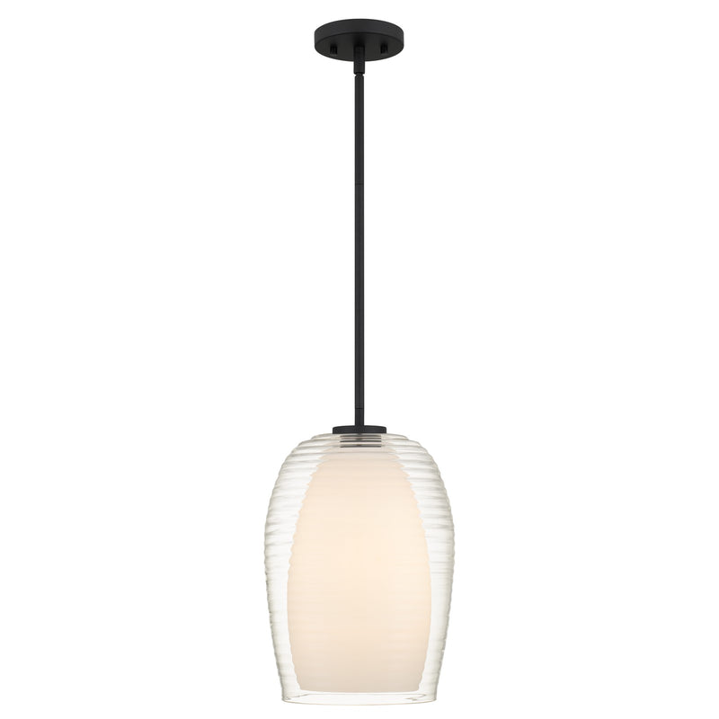 Quoizel Evelynn 10in 1-Light Mini Pendant | Transitional Matte Black and Clear Ribbed Glass | Kitchen Island & Bar | Model EVN1510MBK