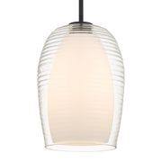 Quoizel Evelynn 10in 1-Light Mini Pendant | Transitional Matte Black and Clear Ribbed Glass | Kitchen Island & Bar | Model EVN1510MBK