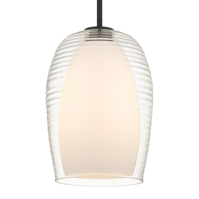 Quoizel Evelynn 10in 1-Light Mini Pendant | Transitional Matte Black and Clear Ribbed Glass | Kitchen Island & Bar | Model EVN1510MBK