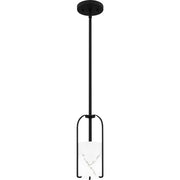 Quoizel Fairbanks 5in 1-Light Mini Pendant | Transitional Matte Black and White Alabaster Glass | Kitchen Island & Bar | Model FRB1505MBK