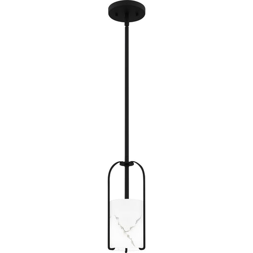 Quoizel Fairbanks 5in 1-Light Mini Pendant | Transitional Matte Black and White Alabaster Glass | Kitchen Island & Bar | Model FRB1505MBK