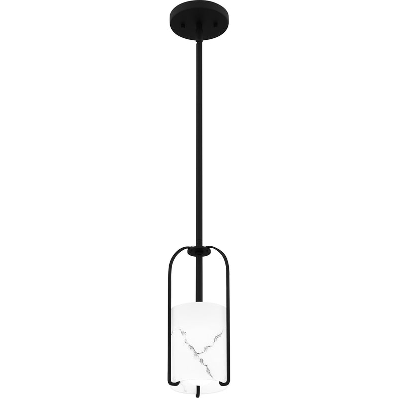 Quoizel Fairbanks 5in 1-Light Mini Pendant | Transitional Matte Black and White Alabaster Glass | Kitchen Island & Bar | Model FRB1505MBK
