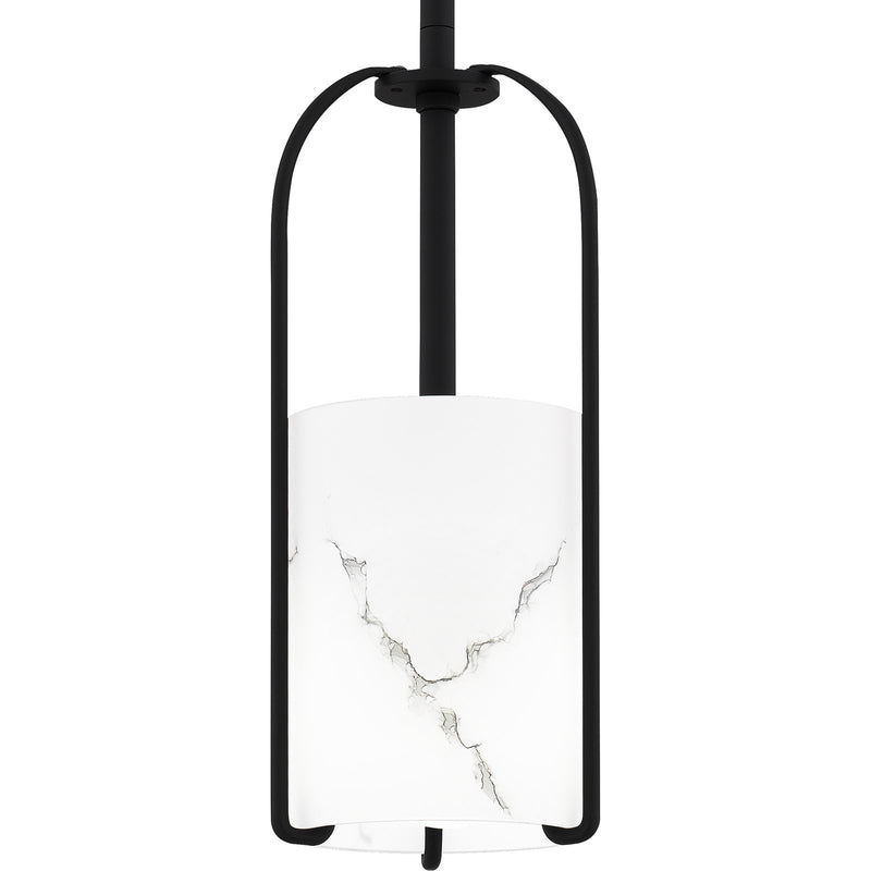 Quoizel Fairbanks 5in 1-Light Mini Pendant | Transitional Matte Black and White Alabaster Glass | Kitchen Island & Bar | Model FRB1505MBK