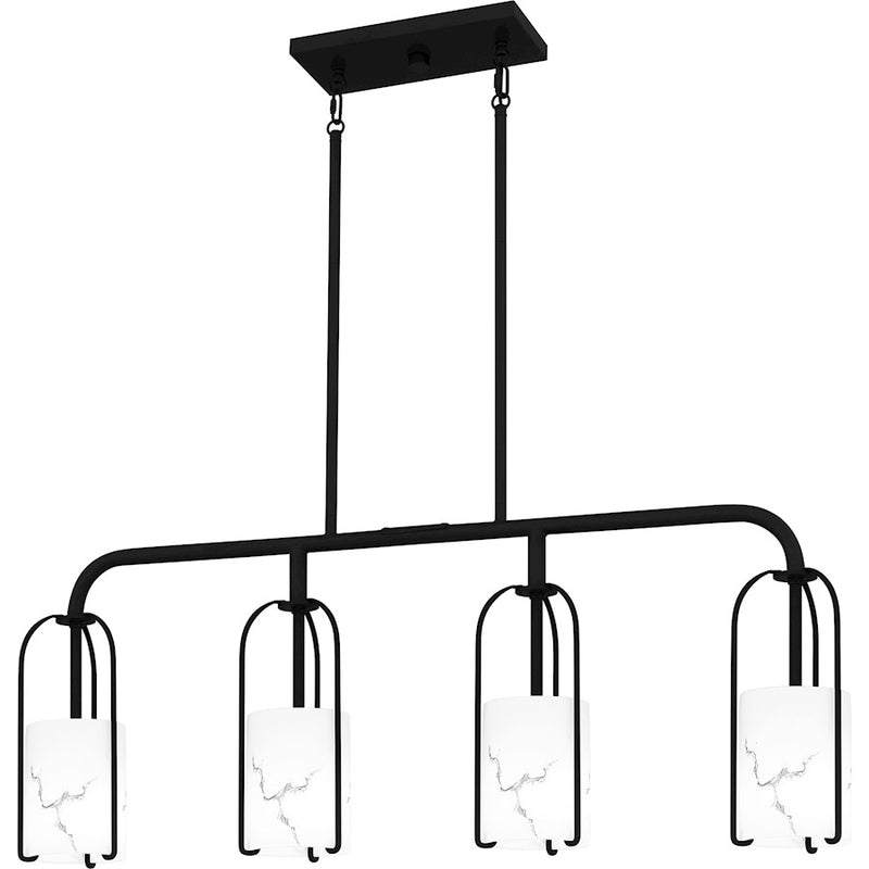 Quoizel Fairbanks 37in 4-Light Island Chandelier | Transitional Matte Black and White Alabaster Glass | Kitchen Island & Dining | Model FRB438MBK