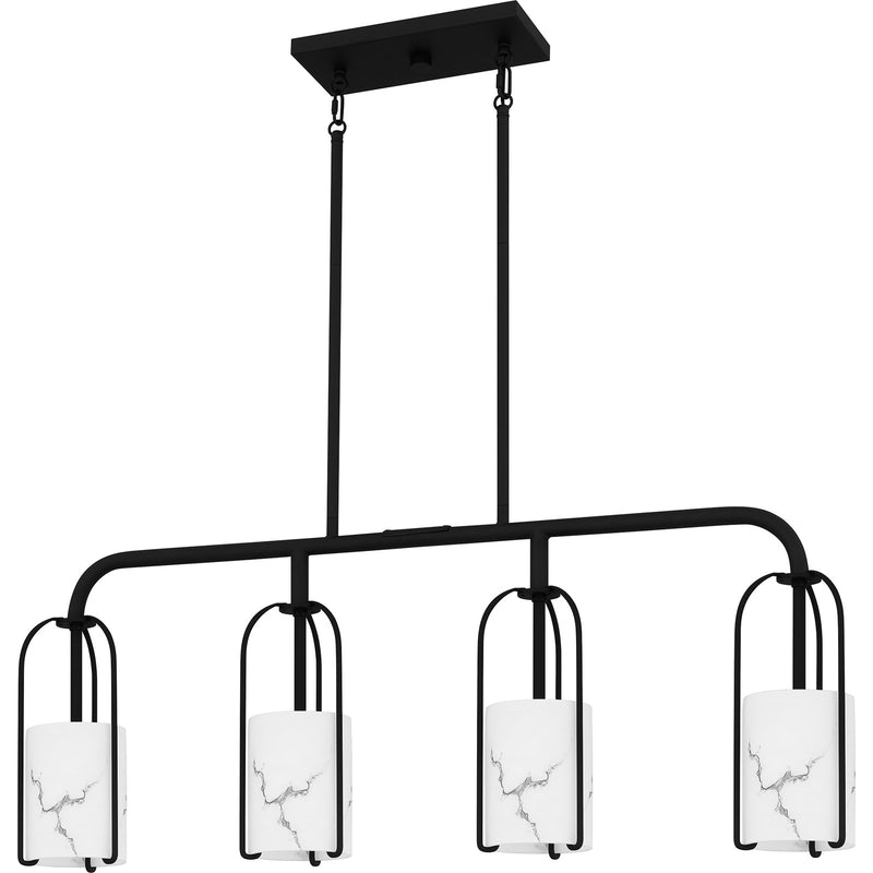 Quoizel Fairbanks 37in 4-Light Island Chandelier | Transitional Matte Black and White Alabaster Glass | Kitchen Island & Dining | Model FRB438MBK