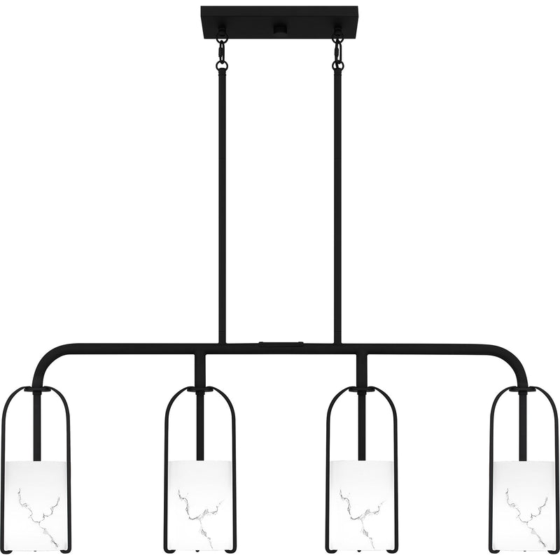 Quoizel Fairbanks 37in 4-Light Island Chandelier | Transitional Matte Black and White Alabaster Glass | Kitchen Island & Dining | Model FRB438MBK