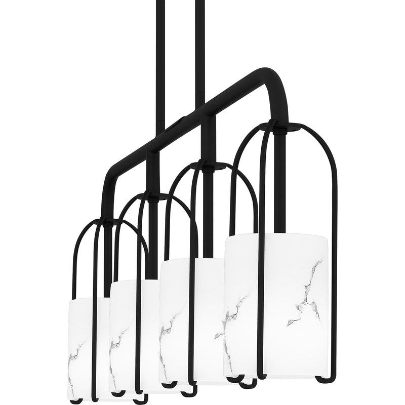 Quoizel Fairbanks 37in 4-Light Island Chandelier | Transitional Matte Black and White Alabaster Glass | Kitchen Island & Dining | Model FRB438MBK