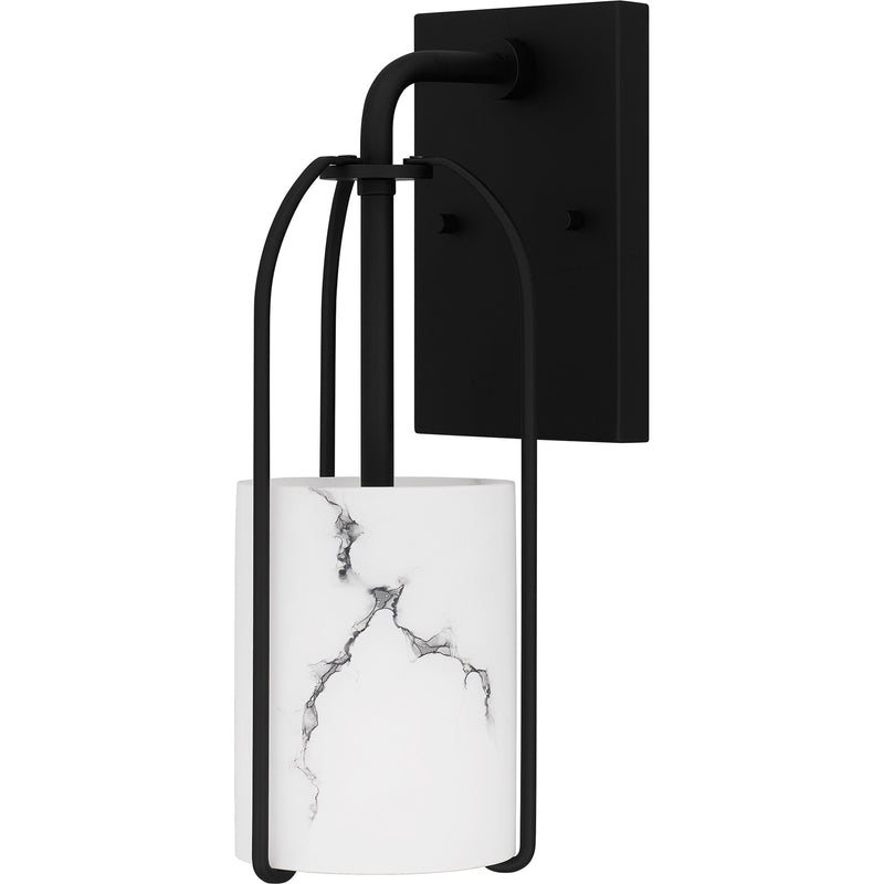 Quoizel Fairbanks 13.5in 1-Light Wall Sconce | Transitional Matte Black and White Alabaster Glass | Bedroom & Hallway Accent Light | Model FRB8704MBK