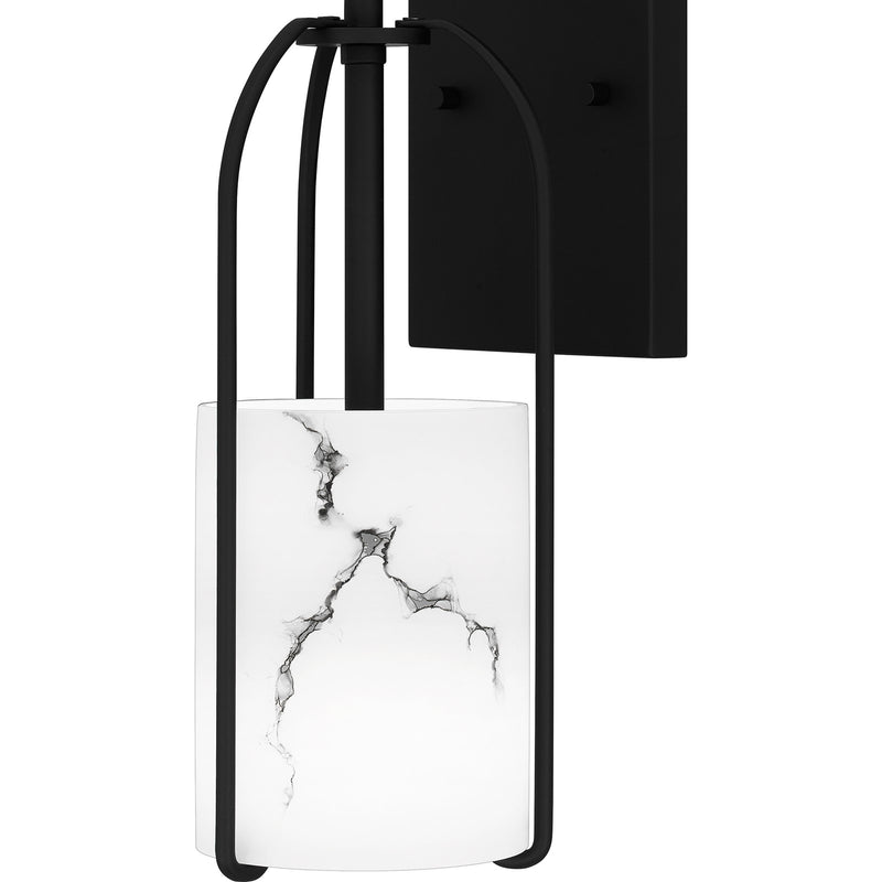 Quoizel Fairbanks 13.5in 1-Light Wall Sconce | Transitional Matte Black and White Alabaster Glass | Bedroom & Hallway Accent Light | Model FRB8704MBK