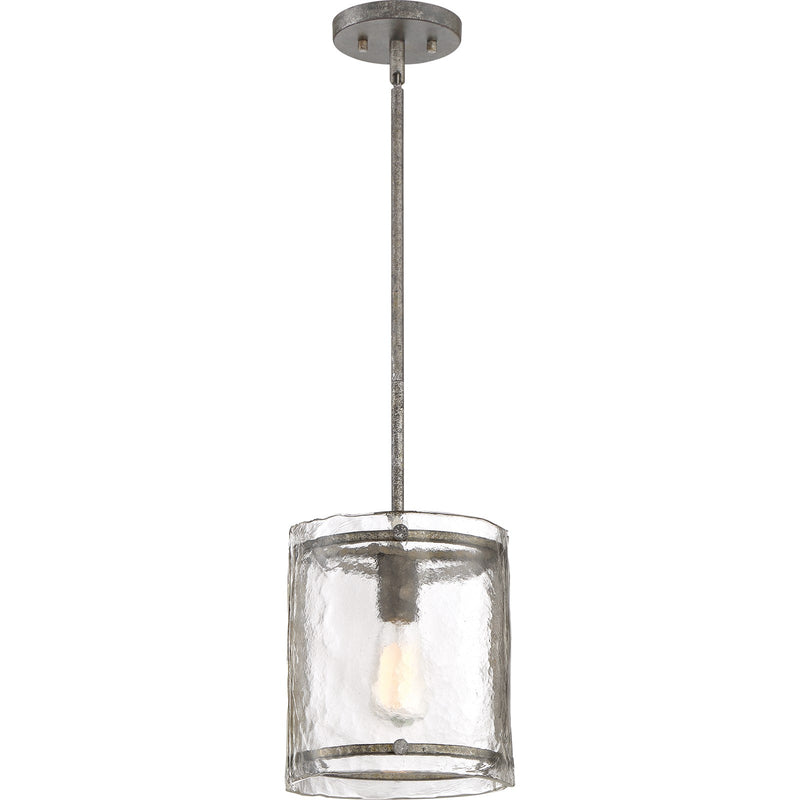 Quoizel Fortress 9in 1-Light Mini Pendant | Mottled Silver Steel and Clear Textured Glass | Kitchen Island & Bar | Model FTS1509MM