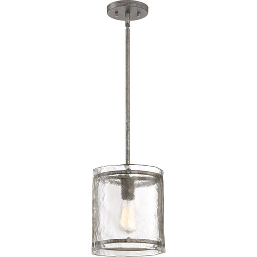 Quoizel Fortress 9in 1-Light Mini Pendant | Mottled Silver Steel and Clear Textured Glass | Kitchen Island & Bar | Model FTS1509MM