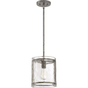 Quoizel Fortress 9in 1-Light Mini Pendant | Mottled Silver Steel and Clear Textured Glass | Kitchen Island & Bar | Model FTS1509MM