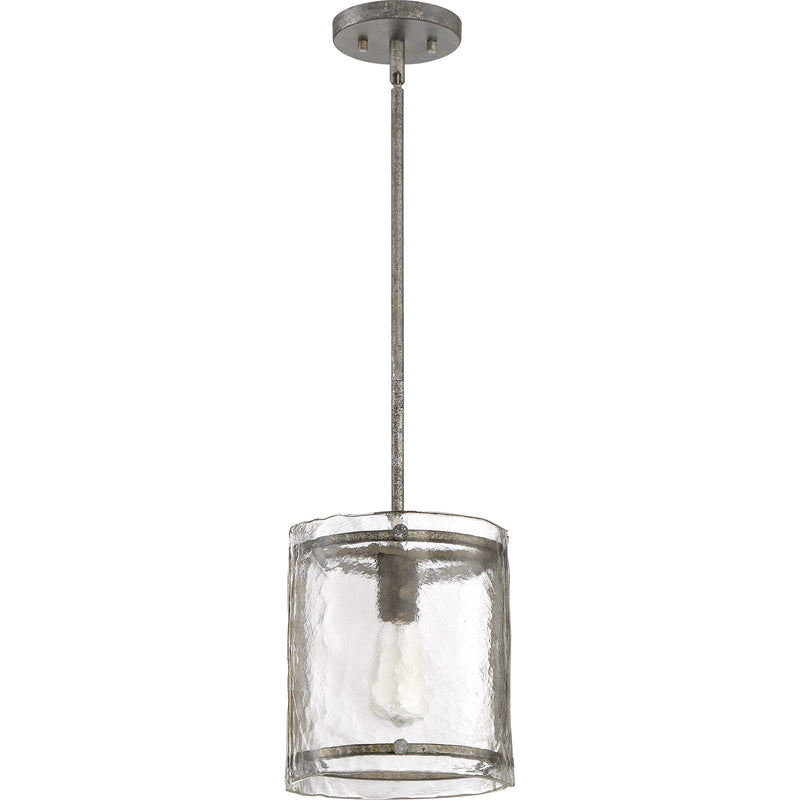 Quoizel Fortress 9in 1-Light Mini Pendant | Mottled Silver Steel and Clear Textured Glass | Kitchen Island & Bar | Model FTS1509MM