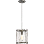 Quoizel Fortress 9in 1-Light Mini Pendant | Mottled Silver Steel and Clear Textured Glass | Kitchen Island & Bar | Model FTS1509MM