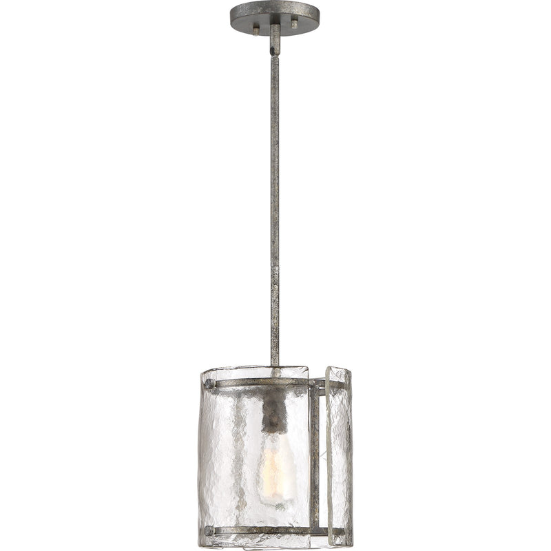 Quoizel Fortress 9in 1-Light Mini Pendant | Mottled Silver Steel and Clear Textured Glass | Kitchen Island & Bar | Model FTS1509MM