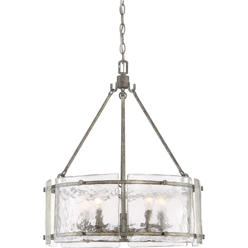 Quoizel Fortress 20in 5-Light Pendant | Transitional Mottled Silver Steel and Clear Textured Glass | Kitchen Island & Dining Room | Model FTS2821MM