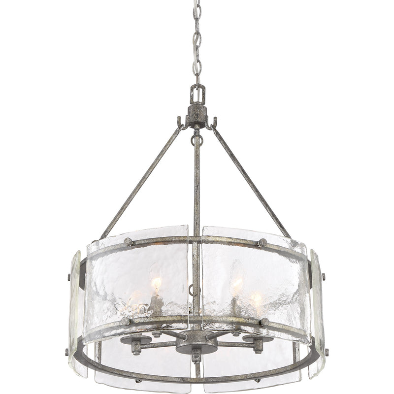 Quoizel Fortress 20in 5-Light Pendant | Transitional Mottled Silver Steel and Clear Textured Glass | Kitchen Island & Dining Room | Model FTS2821MM