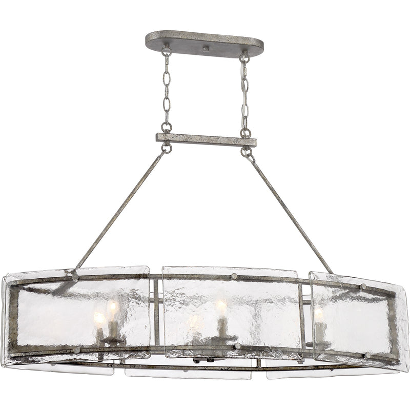 Quoizel Fortress 39in 6-Light Island Chandelier | Transitional Mottled Silver and Clear Textured Glass | Kitchen Island & Dining | Model FTS638MM