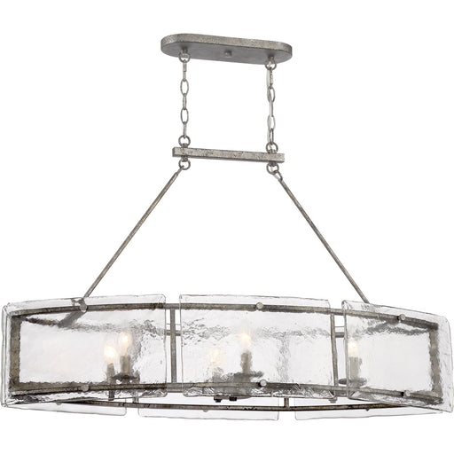 Quoizel Fortress 39in 6-Light Island Chandelier | Transitional Mottled Silver and Clear Textured Glass | Kitchen Island & Dining | Model FTS638MM