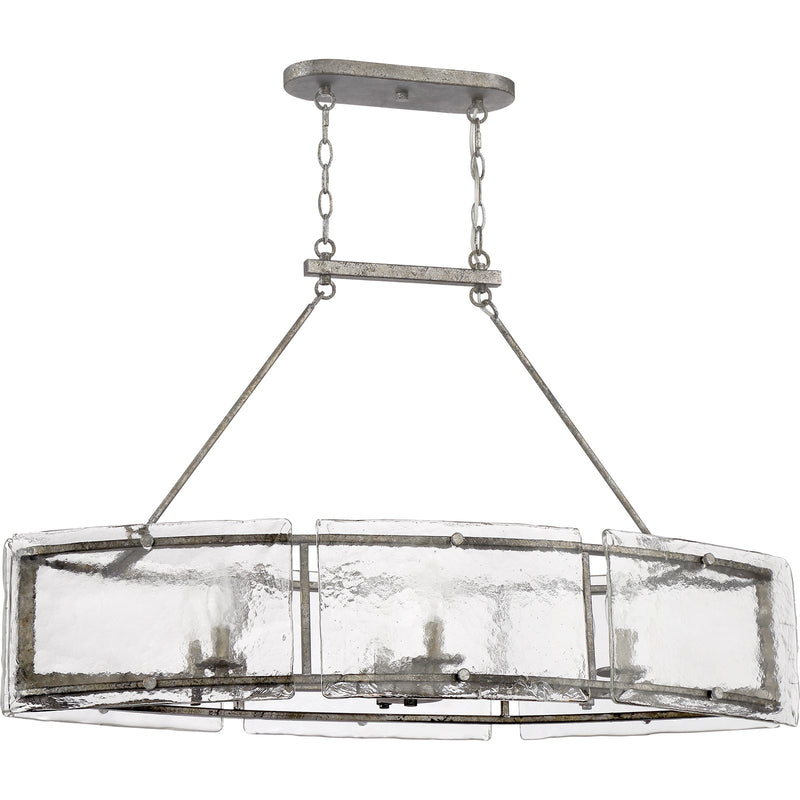 Quoizel Fortress 39in 6-Light Island Chandelier | Transitional Mottled Silver and Clear Textured Glass | Kitchen Island & Dining | Model FTS638MM
