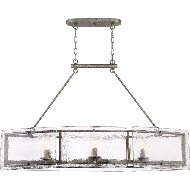 Quoizel Fortress 39in 6-Light Island Chandelier | Transitional Mottled Silver and Clear Textured Glass | Kitchen Island & Dining | Model FTS638MM