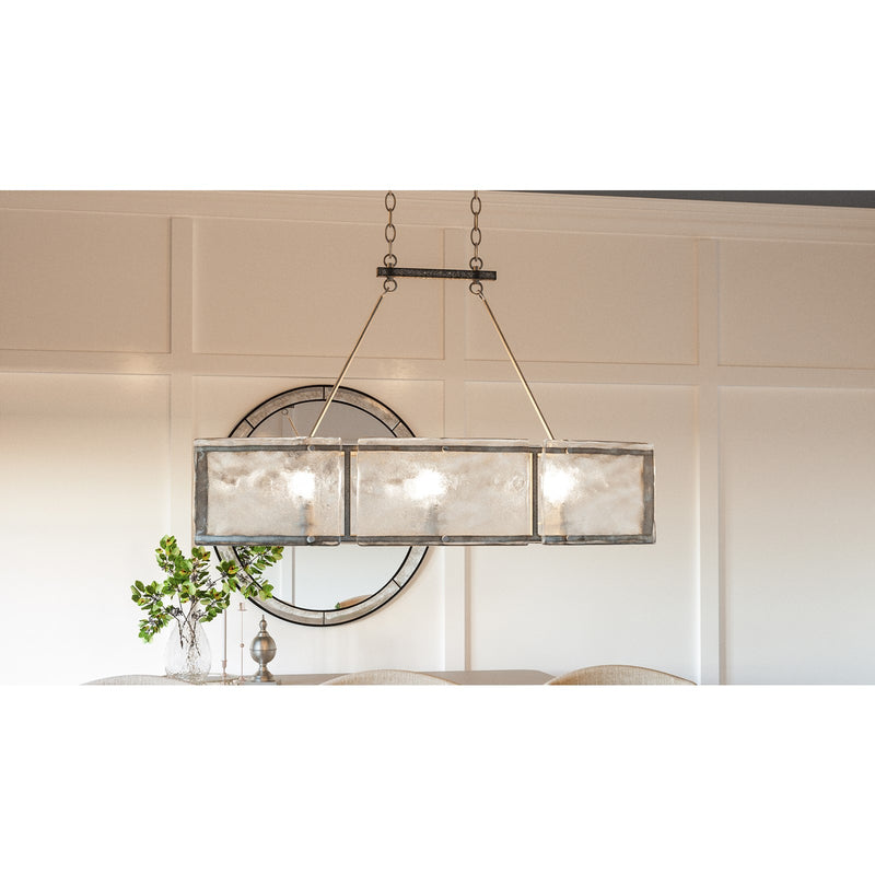 Quoizel Fortress 39in 6-Light Island Chandelier | Transitional Mottled Silver and Clear Textured Glass | Kitchen Island & Dining | Model FTS638MM