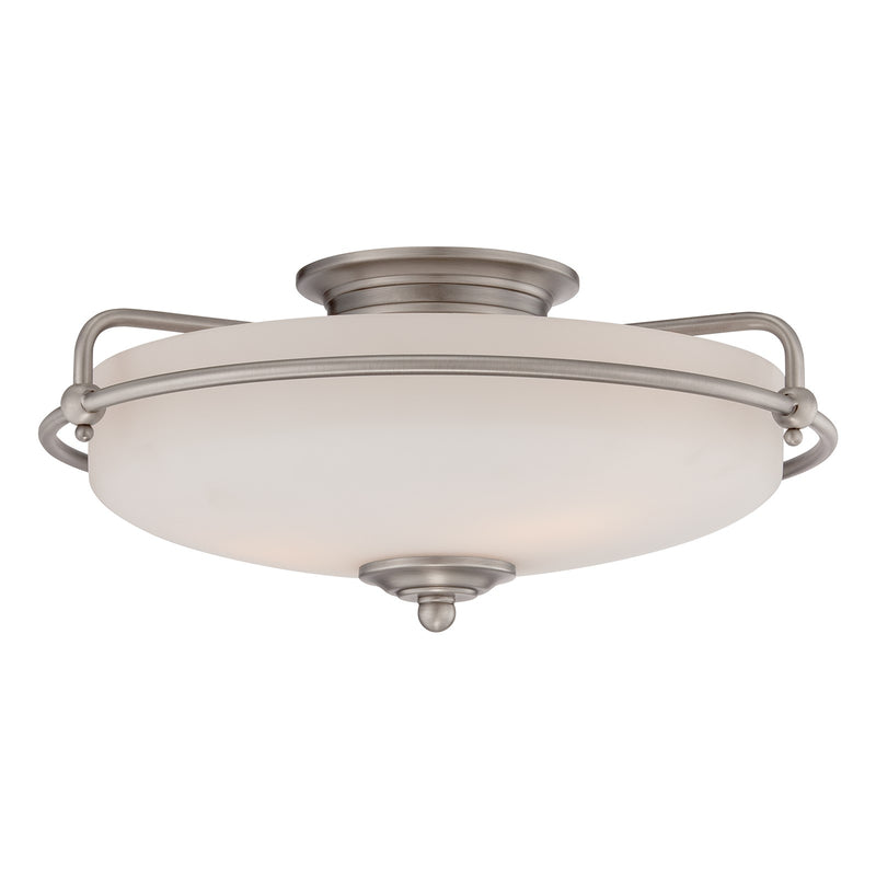 Quoizel Griffin 17in 3-Light Flush Mount | Soft Modern Antique Nickel and White Etched Glass | Hallway & Bedroom | 17 x 17 x 8 in | Model GF1617AN