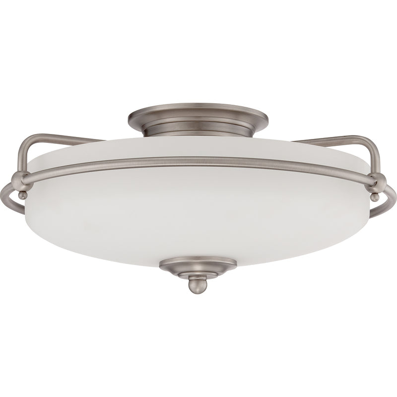 Quoizel Griffin 17in 3-Light Flush Mount | Soft Modern Antique Nickel and White Etched Glass | Hallway & Bedroom | 17 x 17 x 8 in | Model GF1617AN