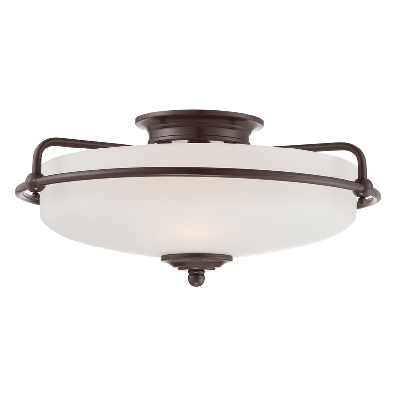 Quoizel Griffin 17in 3-Light Flush Mount | Soft Modern Palladian Bronze and White Etched Glass | Hallway & Bedroom | 17 x 17 x 8 in | Model GF1617PN
