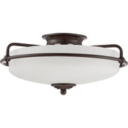Quoizel Griffin 17in 3-Light Flush Mount | Soft Modern Palladian Bronze and White Etched Glass | Hallway & Bedroom | 17 x 17 x 8 in | Model GF1617PN